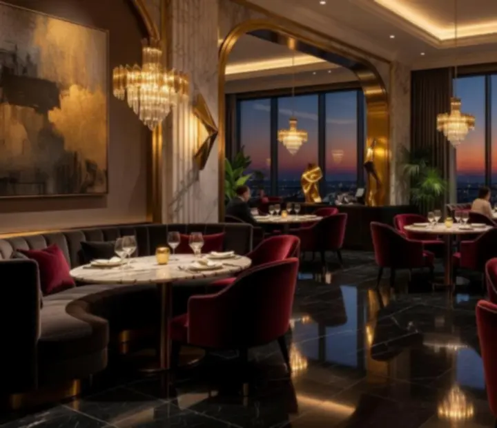 Luksuzan interijer restorana unutar casina s ambijentalnim osvjetljenjem i elegantno postavljenim stolovima.