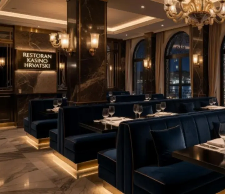 Luksuzni ambijent Restoranice unutar casino okruženja, s intimnim osvjetljenjem i elegantnim stolovima.
