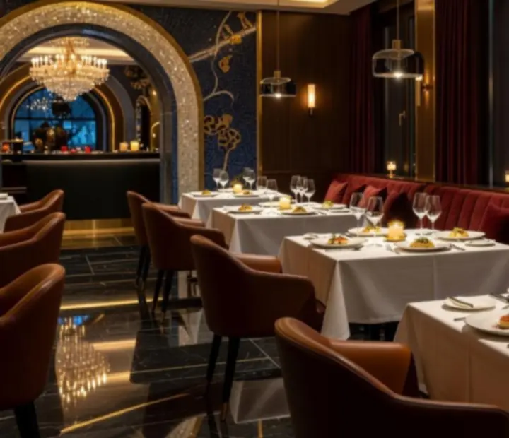 Cinematic prikaz luksuznog casino restorana u Hrvatskoj s ambijentalnom rasvjetom i elegantnim stolovima.