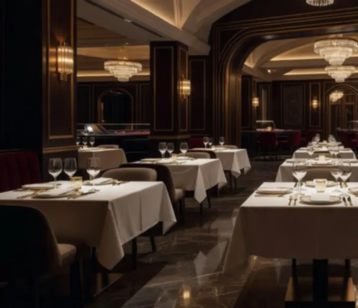 Cinematic pogled na luksuzni stol s degustacijskim menijem u ekskluzivnom kasino restoranu