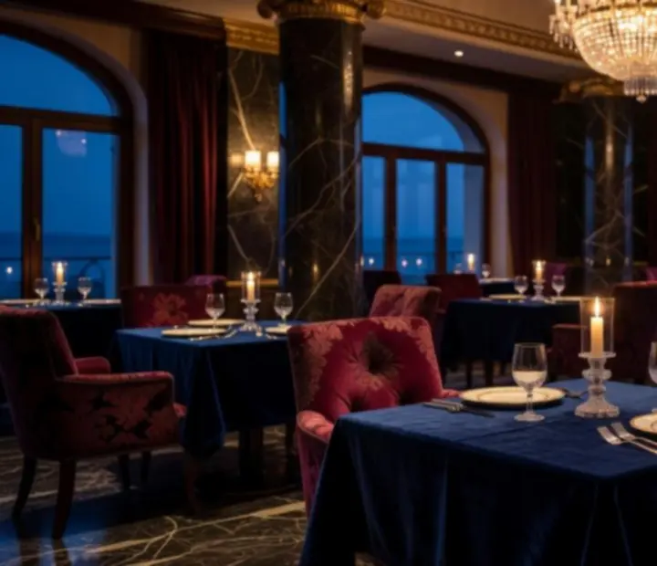 Noćni interijer restorana s ambijentalnom rasvjetom, elegantnim stolovima i casino atmosferom.