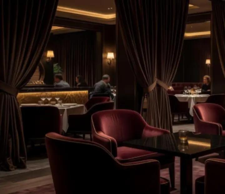 Profinjena VIP zona Restoranice u sklopu casino destinacije, s intimnim rasvjetnim elementima i luksuznim detaljima.