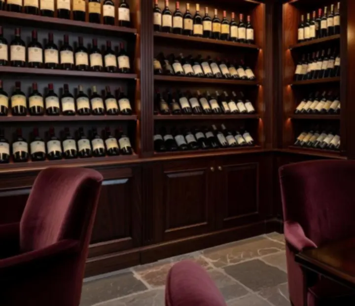 Detalj elegantne vinske podruma s osvijetljenim bocama u Restoranici