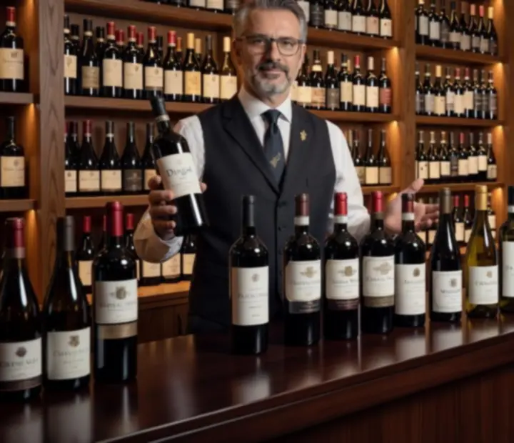 Sommelier predstavlja selekciju vina uz ambijentalno osvijetljen bar.